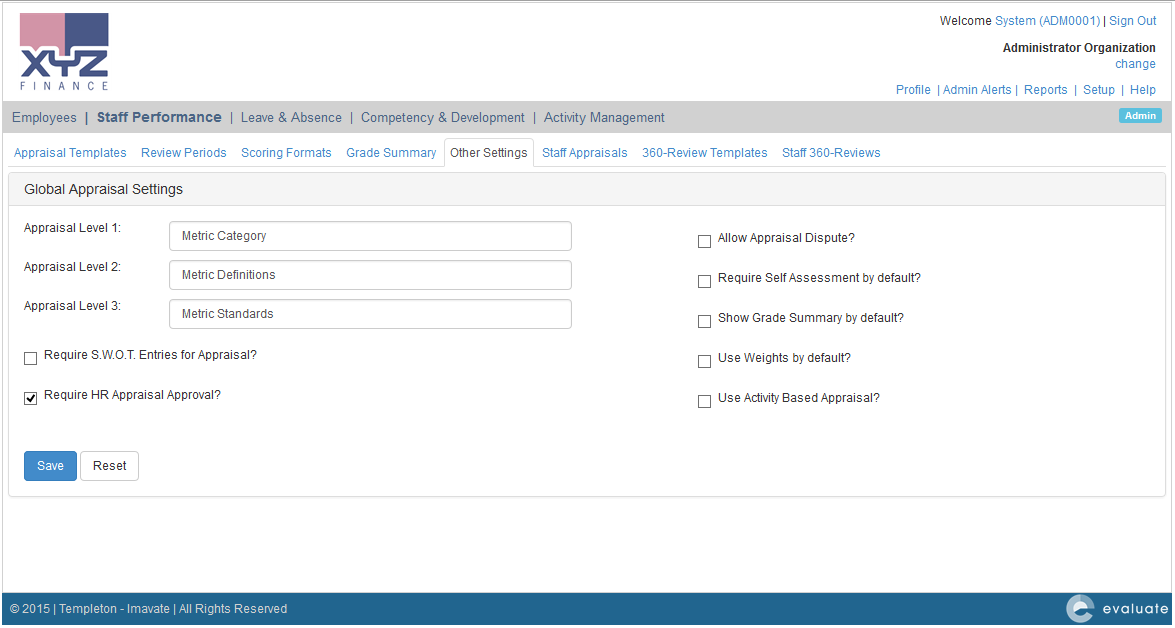 Global Appraisal Settings